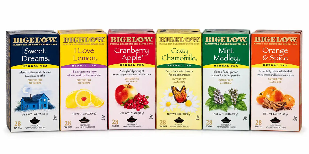 Bigelow Herbal Tea Variety Pack, 6 Assorted Flavors, Sweet Dreams, I Love Lemon, Cranberry Apple, Cozy Chamomile, Mint Medley & Orange & Spice, Caffeine-Free Herbal Tea