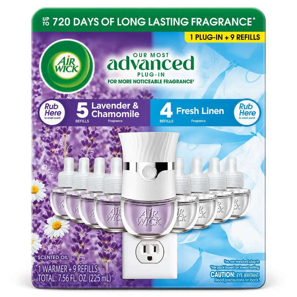 Air Wick Advanced Plug-In Scented Oil Air Freshener Starter Kit, Lavender & Chamomile and Fresh Linen, 1 Warmer + 9 Refills, Up to 720 Days of Fragrance, 7.56 fl oz