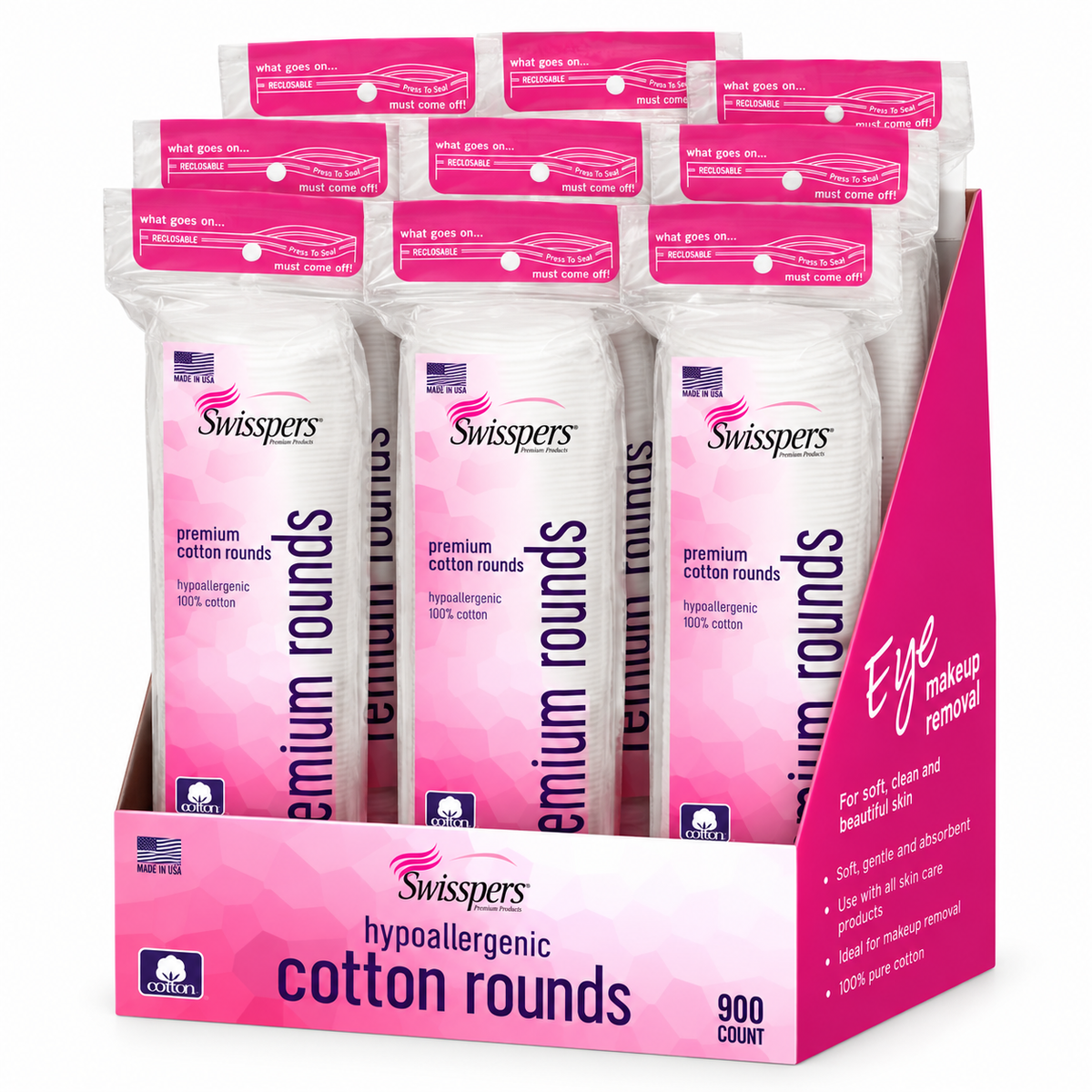 Swisspers Premium Cotton Rounds, 900 Count – 100% Cotton, Hypoallergenic Soft Cotton Pads for Makeup Removal, Facial Cleansing, Toner & Skincare, 9 Packs of 100