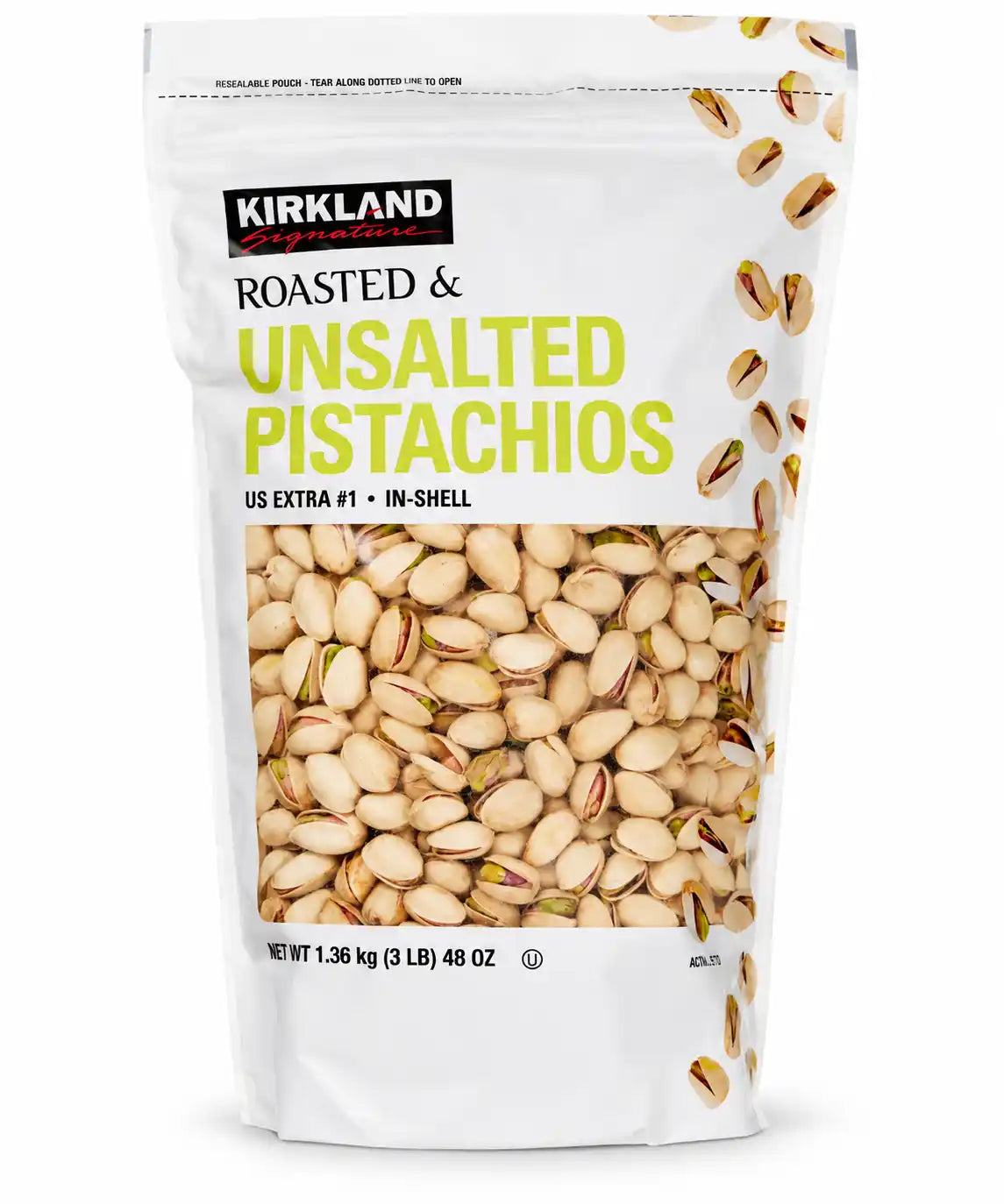 Kirkland Signature Roasted & Unsalted Pistachios, US Extra #1 In-Shell, Resealable Pouch, 48 oz (3 lb / 1.36 kg)