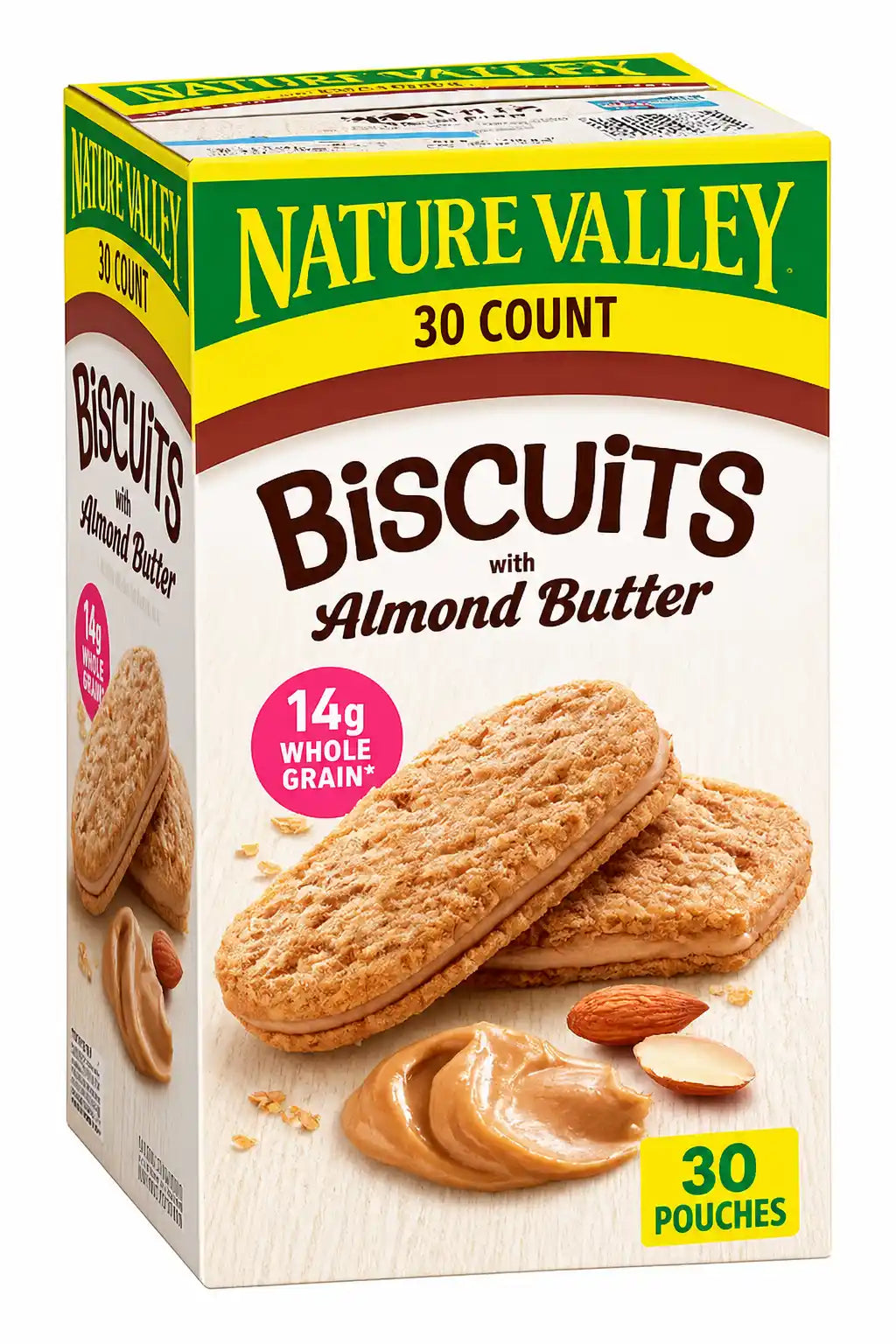 Nature Valley Biscuits with Almond Butter, Whole Grain Sandwich Biscuits, 14g Whole Grain, Individually Wrapped Snack Pouches, 30 Count
