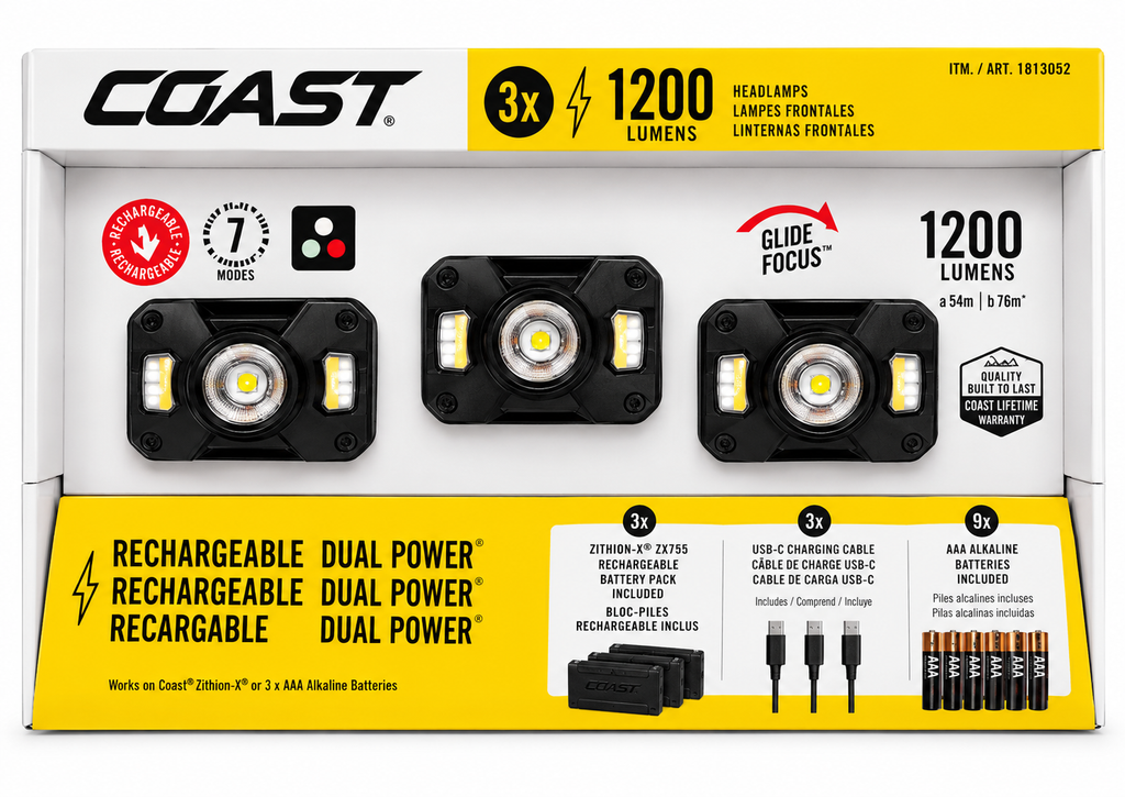 COAST CH1200R Rechargeable Dual Power LED Headlamp 3-Pack, 1200 Lumens, USB-C Rechargeable, Tri-Color Lighting, Adjustable Focus Beam