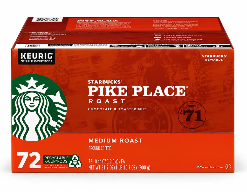 Starbucks Pike Place Roast Medium Roast Coffee, Keurig K-Cup Pods, Chocolate & Toasted Nut Notes, 100% Arabica Coffee, 72 Count