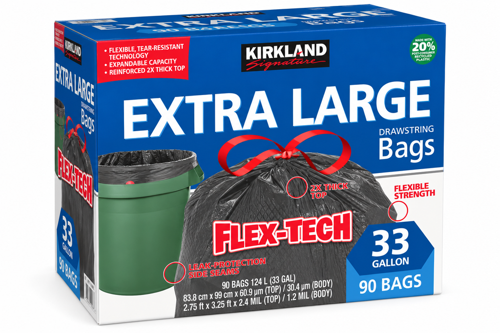 Kirkland Signature Flex-Tech Extra Large Drawstring Trash Bags, 33 Gallon, 90 Count