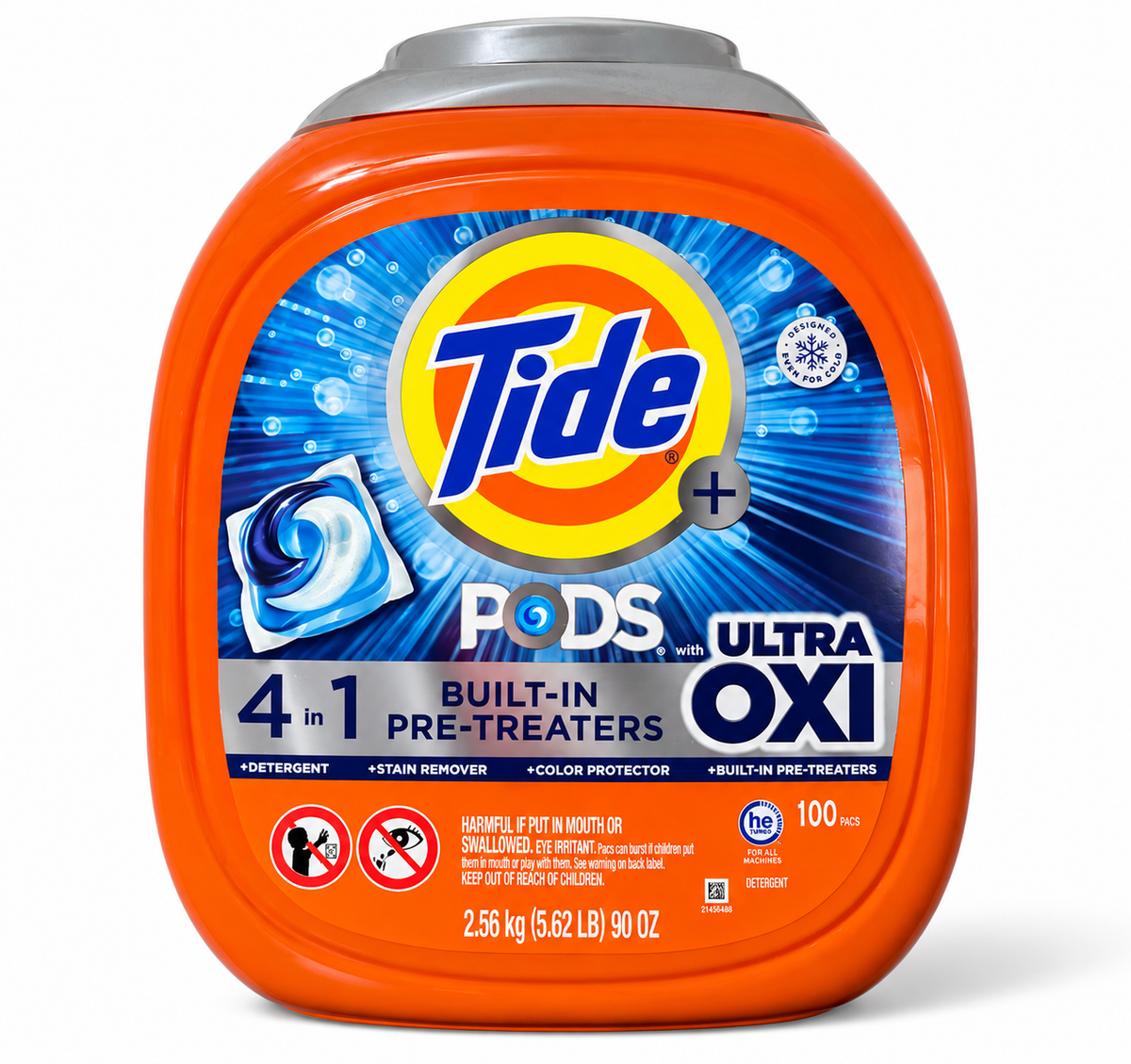 Tide PODS + Ultra OXI Laundry Detergent Pacs, 4-in-1 with Built-In Pre-Treaters, HE Compatible, 100 Count, 90 oz