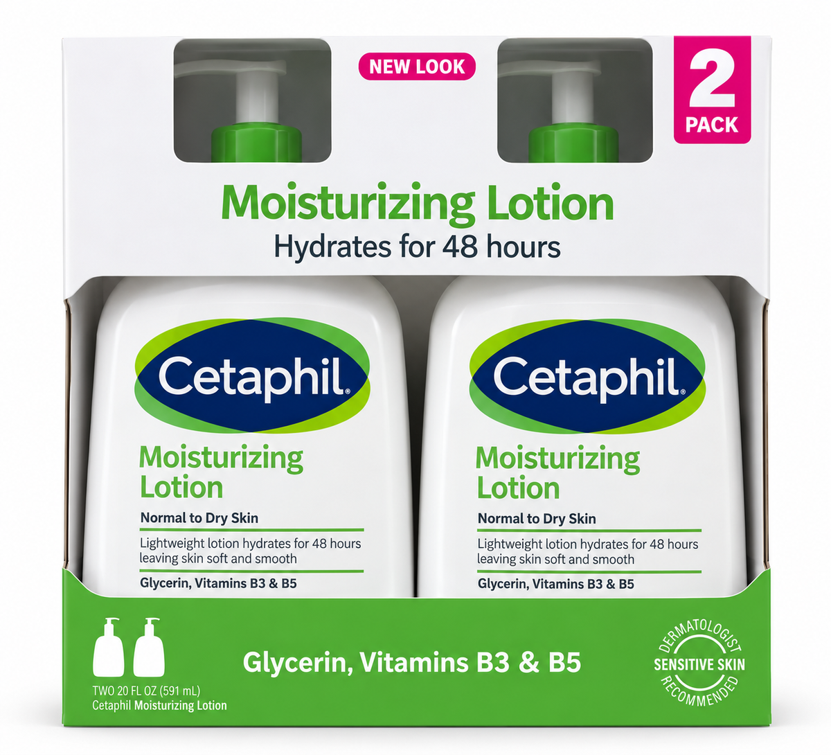 Cetaphil Moisturizing Lotion for Normal to Dry Sensitive Skin, 48-Hour Hydration, Glycerin, Vitamins B3 & B5, 20 fl oz Each, 2-Pack