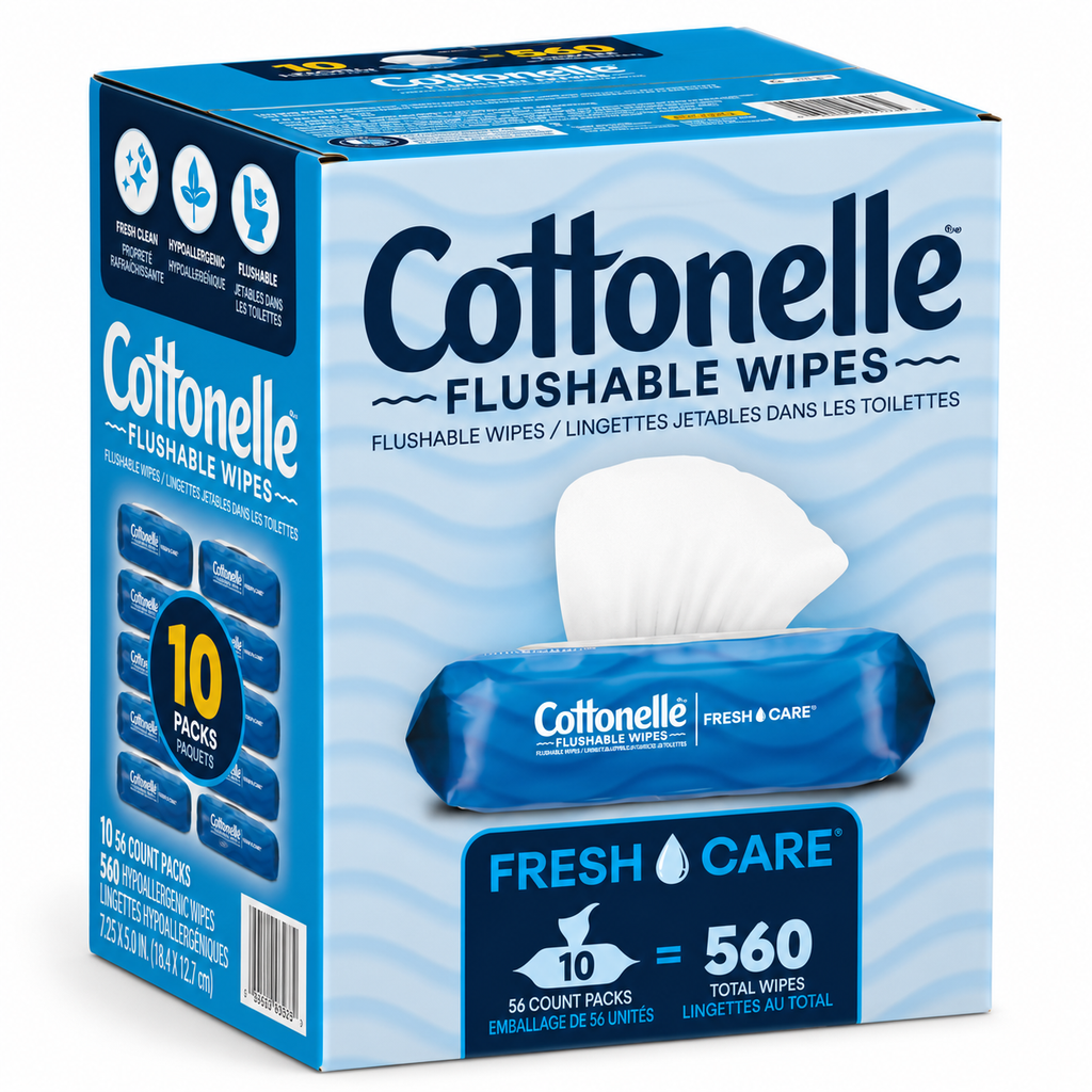 Cottonelle Fresh Care Flushable Wipes, 560 Total Wipes, 10 Packs of 56, Hypoallergenic Moist Cleansing Wipes