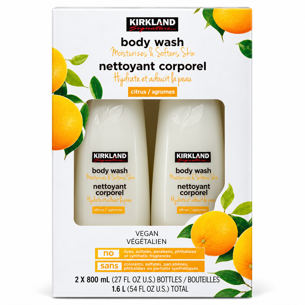 Kirkland Signature Citrus Body Wash, 2-Pack, 27 fl oz Each (54 fl oz Total) – Moisturizes & Softens Skin, Vegan Formula with Plant Extracts, Refreshing Citrus Scent, Pump Bottles
