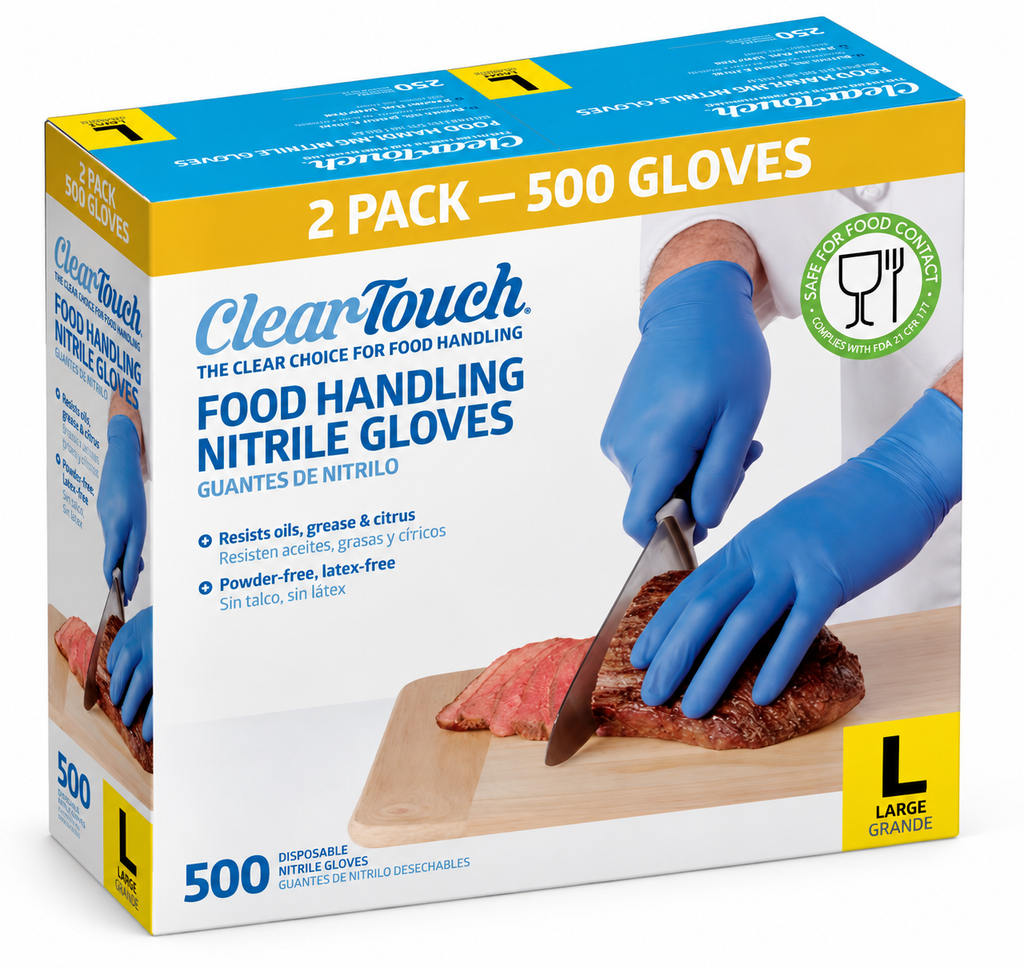 Medline Clear-Touch Food Handling Nitrile Gloves, Latex-Free & Powder-Free, Blue Disposable Gloves, Large, 2-Pack, 500 Count (250 per Box)