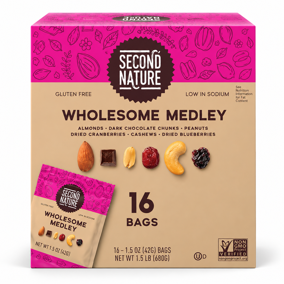 SECOND NATURE Wholesome Medley Trail Mix, Almonds, Cashews, Peanuts, Dried Fruit & Dark Chocolate, Gluten-Free, 1.5 oz Individual Bags, 16 Count