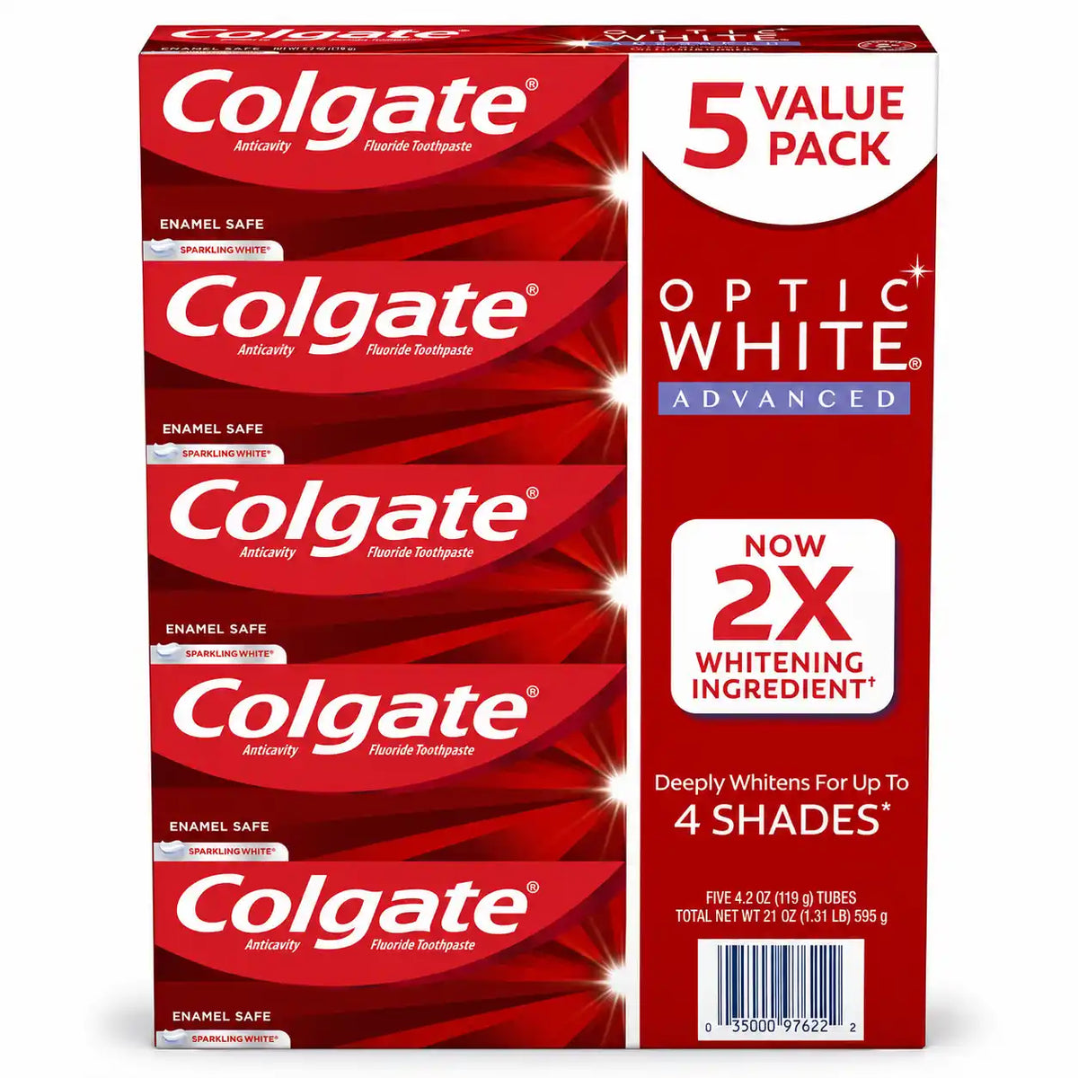 Colgate Optic White Advanced Whitening Fluoride Toothpaste, Sparkling White, 4.2 oz Tubes, 5 Pack, 21 oz Total