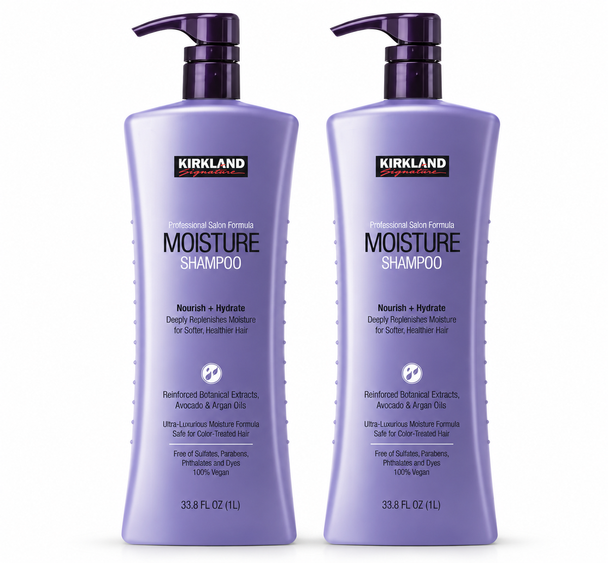 Kirkland Signature Moisture Shampoo, Nourish + Hydrate, Professional Salon Formula, Argan & Avocado Oil, Sulfate-Free, 33.8 fl oz Each, 2-Pack