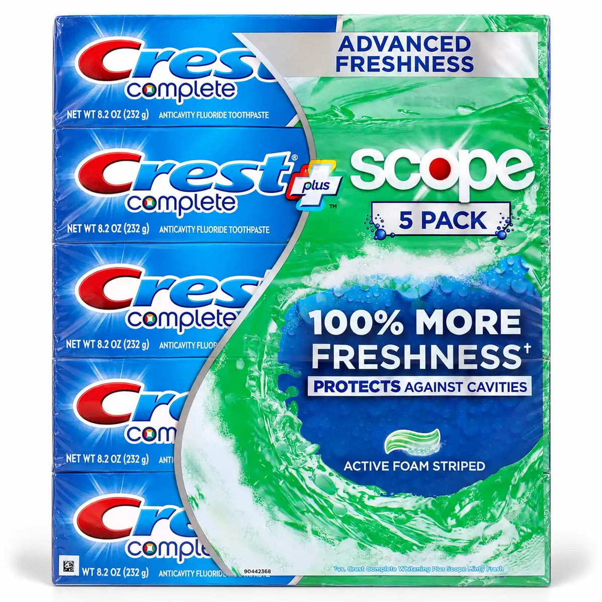 Crest Complete Plus Scope Advanced Freshness Anticavity Fluoride Toothpaste, Active Foam Striped, 8.2 oz Each, 5 Pack, 41 oz Total