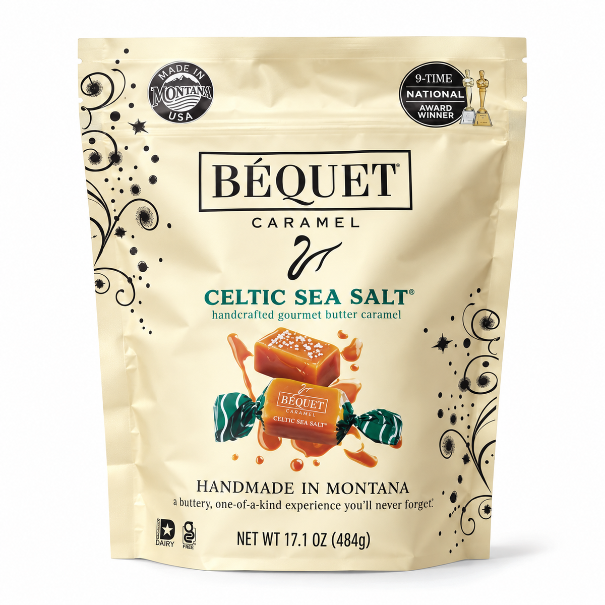 Béquet Caramel Celtic Sea Salt Gourmet Butter Caramels, Handcrafted Soft Caramel Candy, Made in Montana, 17.1 oz (484g)