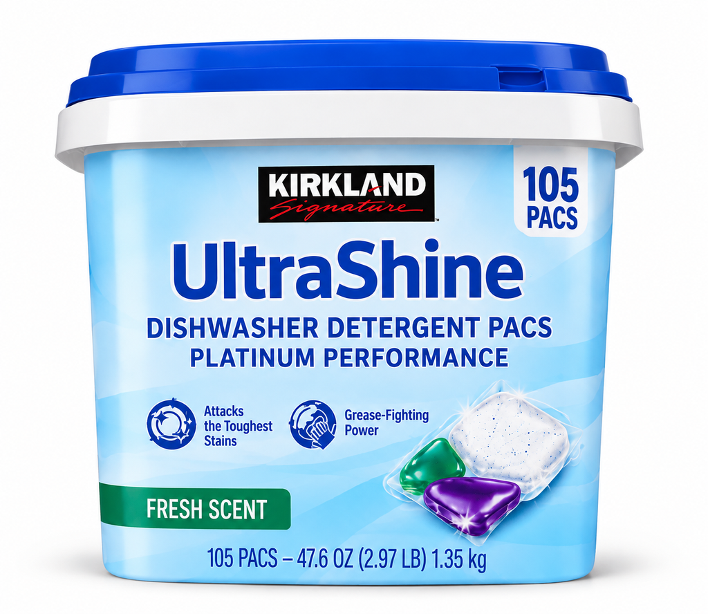 Kirkland Signature UltraShine Dishwasher Detergent Pacs, Platinum Performance, Fresh Scent, 105 Pacs per Pack
