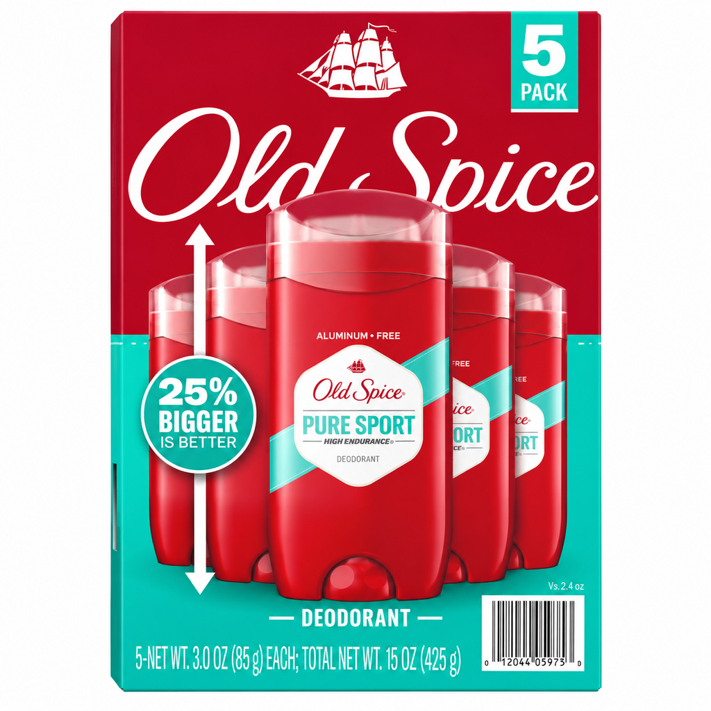 Old Spice High Endurance Pure Sport Deodorant for Men, 48-Hour Odor Protection, Aluminum-Free, 3 oz Each (5 Pack)