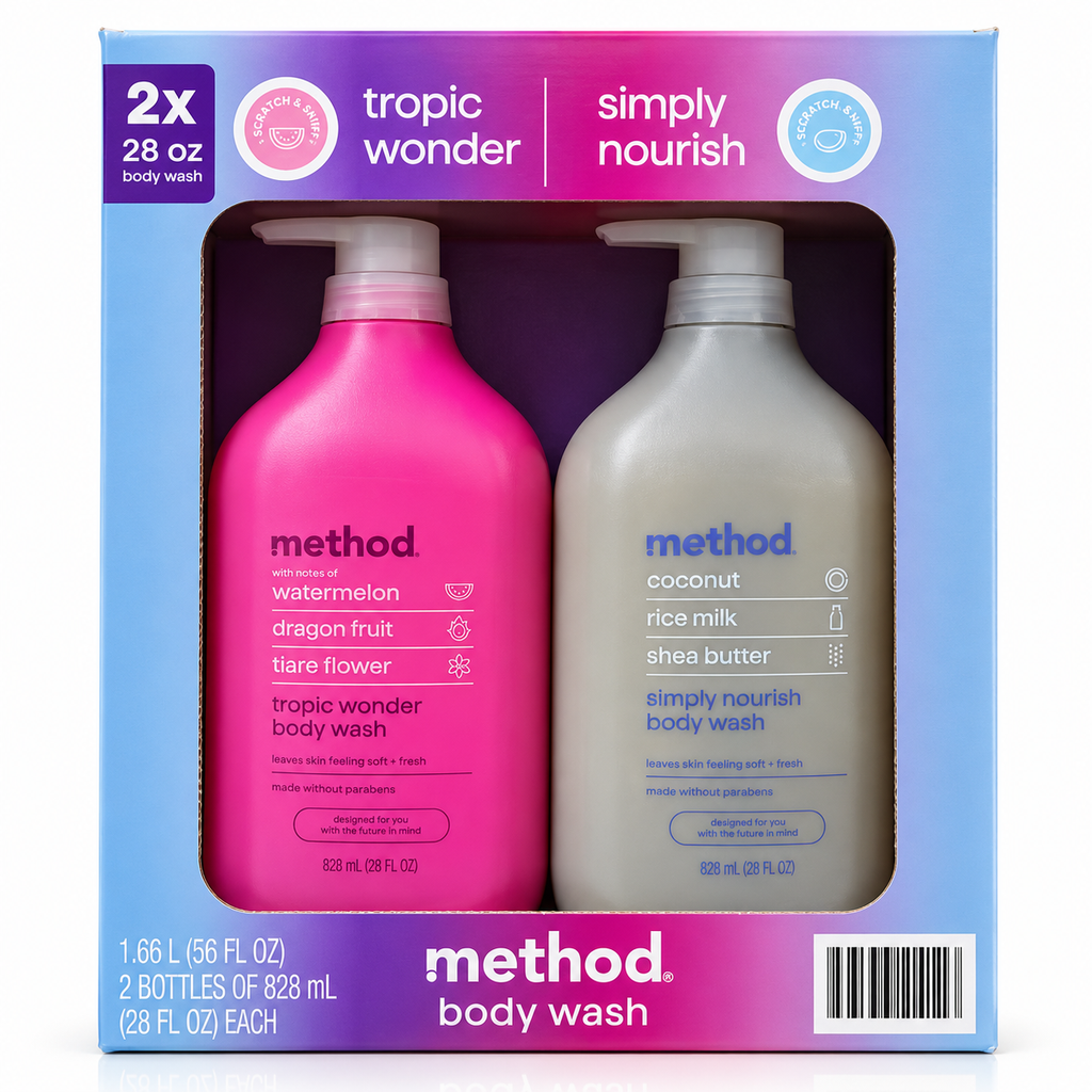 Method Body Wash 2-Pack, Tropic Wonder & Simply Nourish, 28 fl oz Each, Paraben-Free Body Wash with Watermelon, Coconut Milk & Shea Butter, 56 fl oz Total