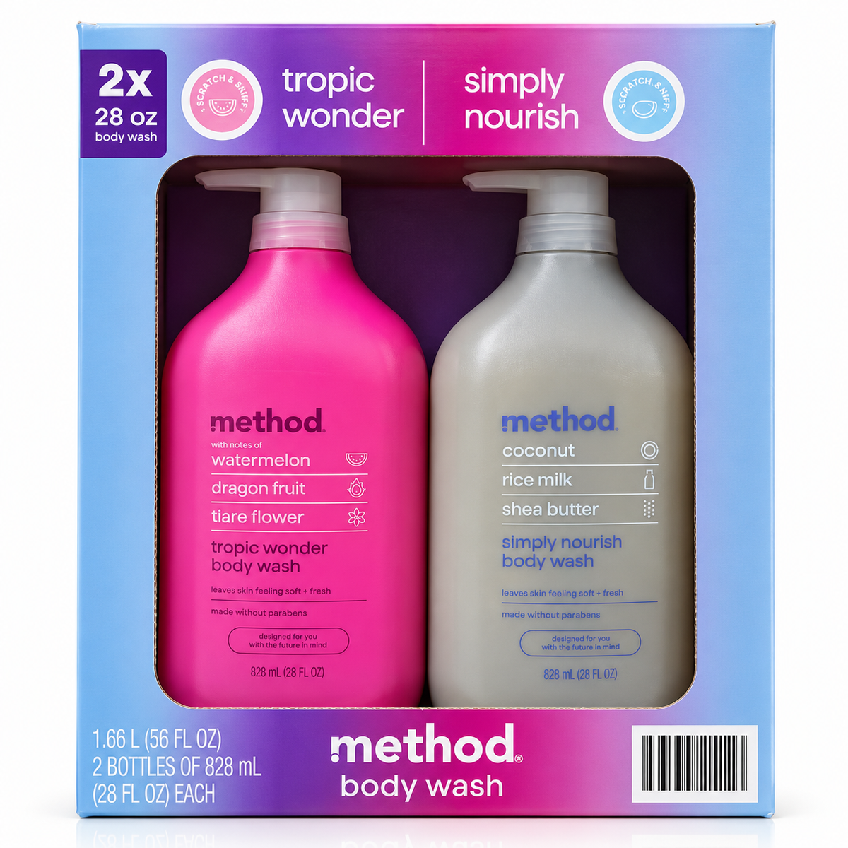 Method Body Wash 2-Pack, Tropic Wonder & Simply Nourish, 28 fl oz Each, Paraben-Free Body Wash with Watermelon, Coconut Milk & Shea Butter, 56 fl oz Total