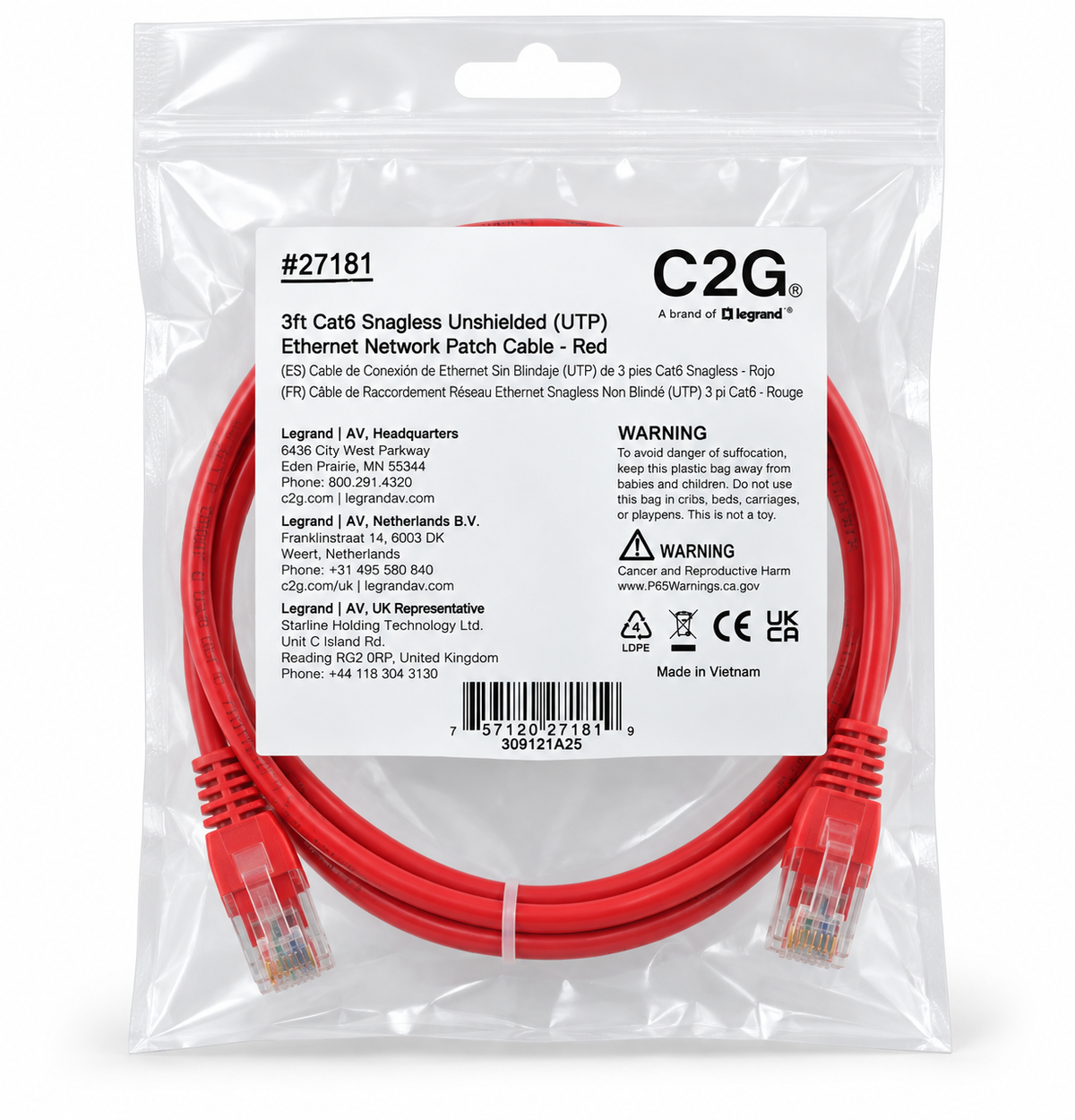C2G 3ft Cat6 Snagless Unshielded (UTP) Ethernet Network Patch Cable, Red