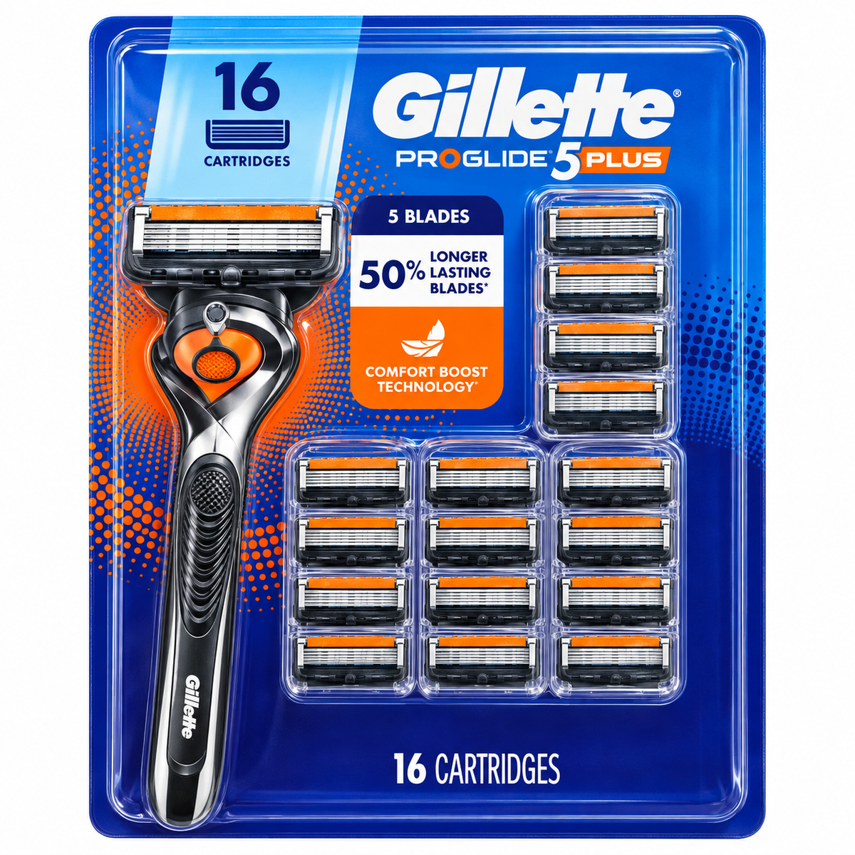 Gillette ProGlide 5 Plus Men’s Razor with 16 Cartridges, 5-Blade Shaving System, Comfort Boost Technology & Precision Trimmer