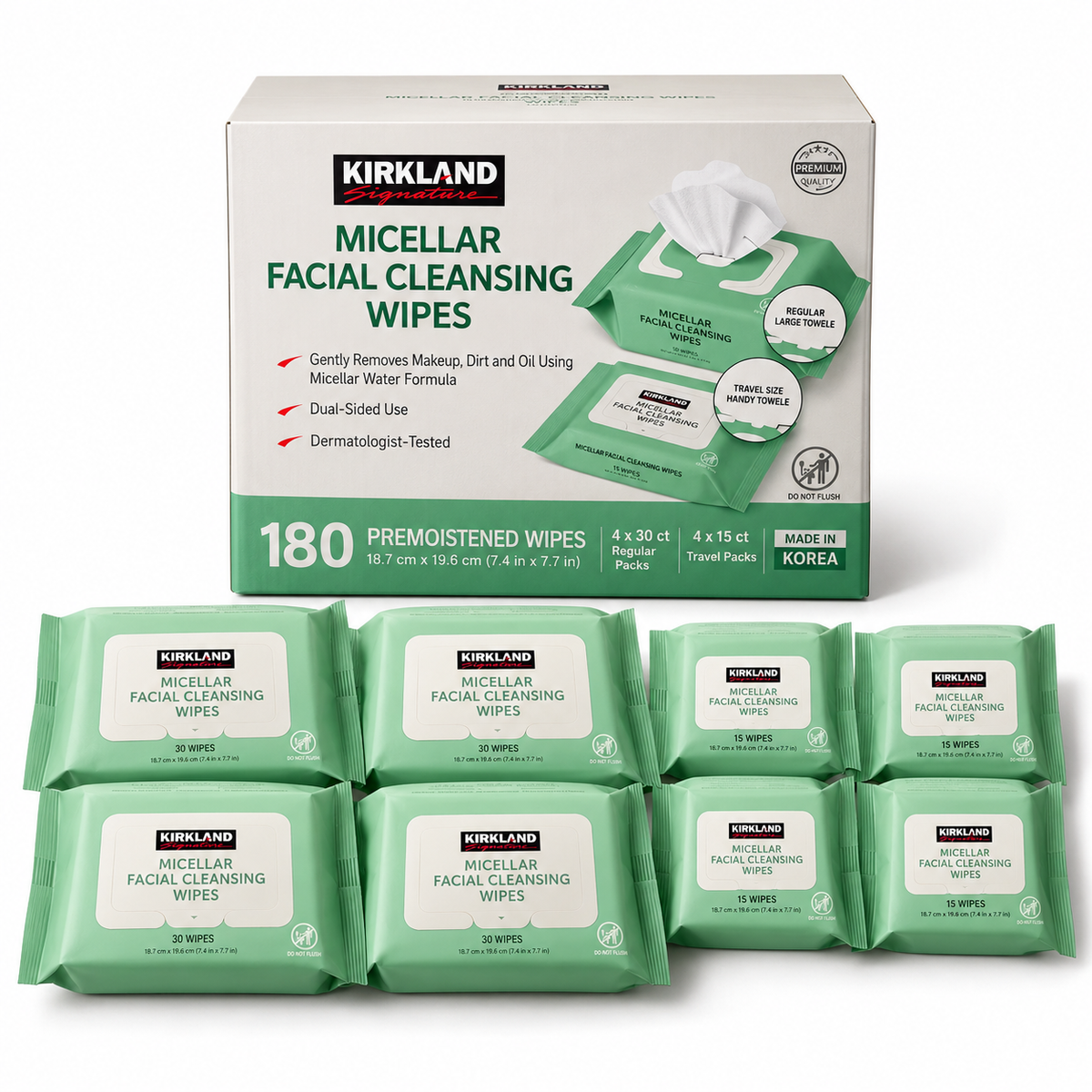 Kirkland Signature Micellar Facial Cleansing Wipes, 180 Count, 4 Regular Packs (30 Wipes Each) + 4 Travel Packs (15 Wipes Each), Makeup Remover, Resealable, Dual-Sided