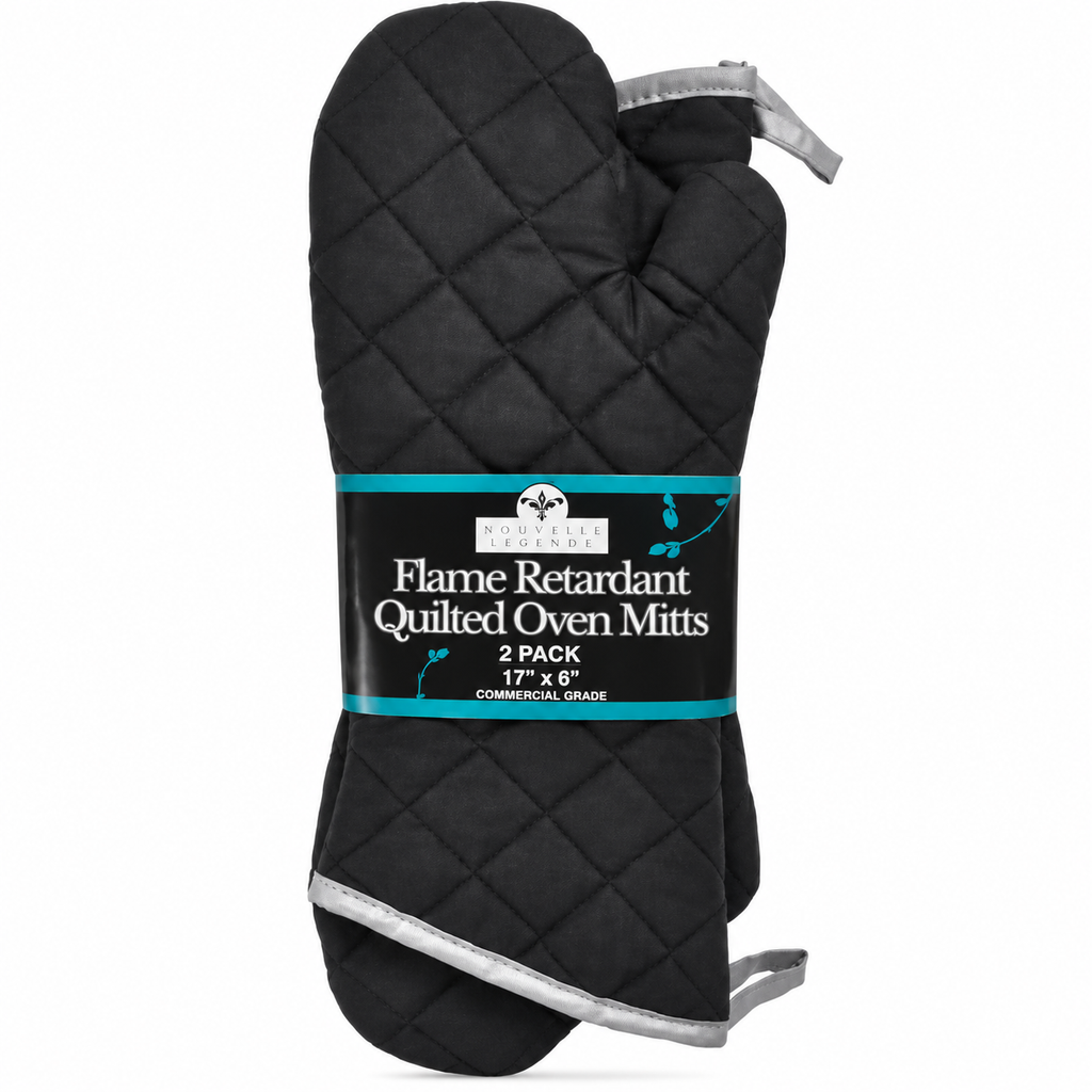 Nouvelle Legende Flame Retardant Quilted Oven Mitts, Heat-Resistant Kitchen & Outdoor Cooking Gloves, Black, 2-Pack