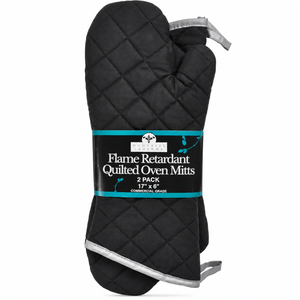 Nouvelle Legende Flame Retardant Quilted Oven Mitts, Heat-Resistant Kitchen & Outdoor Cooking Gloves, Black, 2-Pack