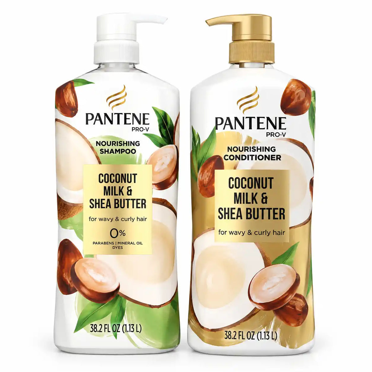 Pantene Pro-V Nourishing Coconut Milk & Shea Butter Shampoo & Conditioner Set, for Wavy & Curly Hair, 38.2 fl oz Each, 2 Pack