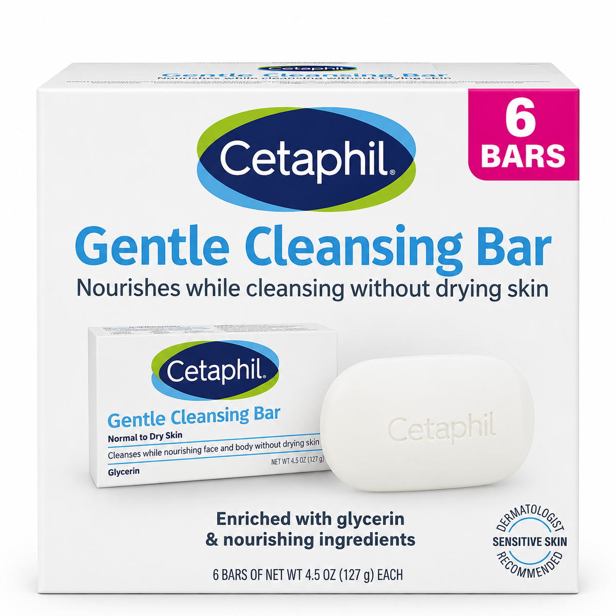 Cetaphil Gentle Cleansing Bar, 4.5 oz Each, 6-Pack, Moisturizing Soap Bar with Glycerin, Gentle Cleansing for Sensitive Skin