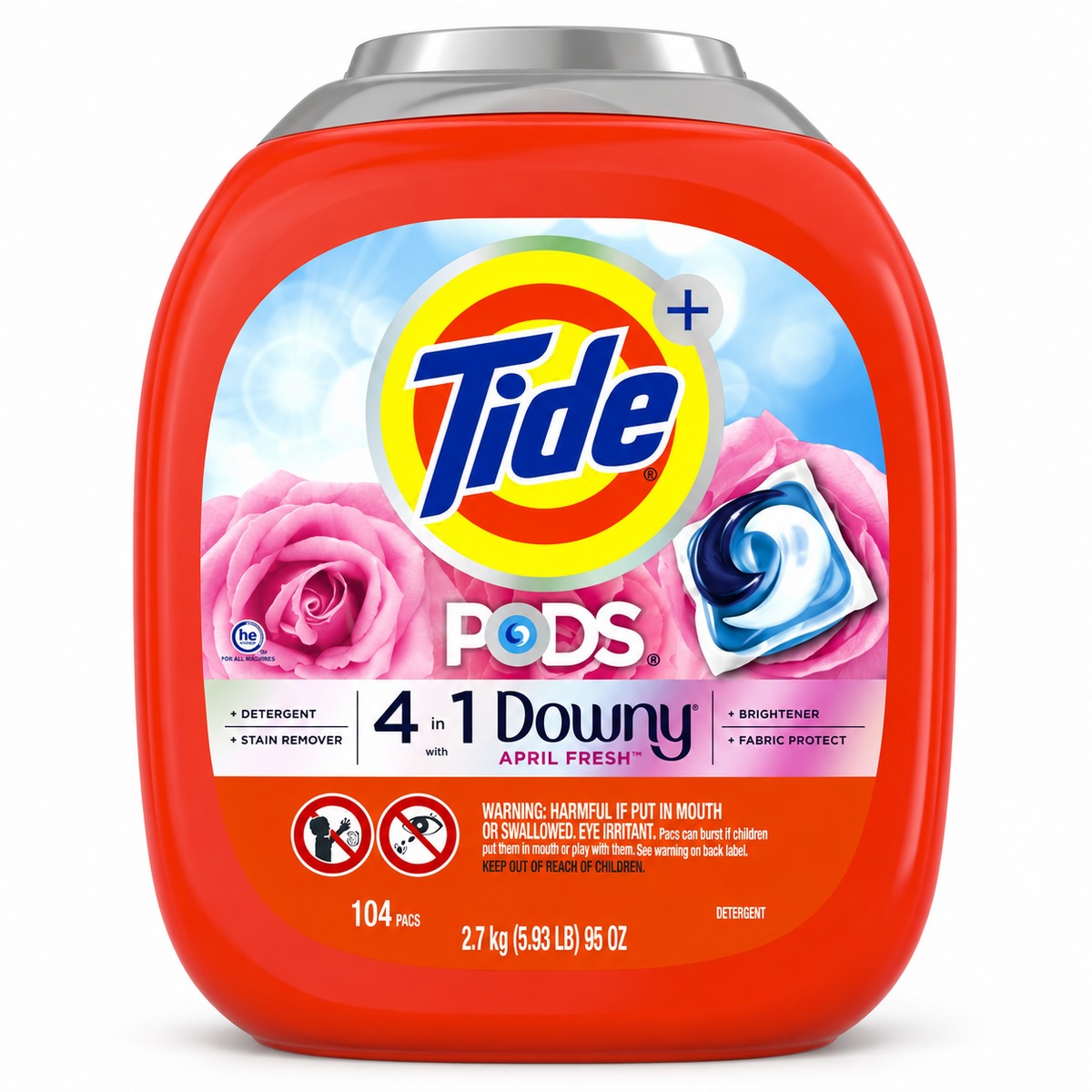 Tide PODS + Downy 4-in-1 Laundry Detergent Pacs, April Fresh, Stain Remover, Brightener & Fabric Protect, 104 Count, 95 oz