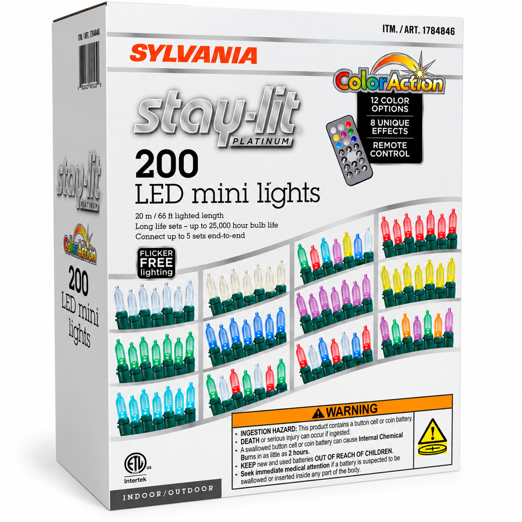 SYLVANIA Stay-Lit Platinum ColorAction 200 LED Mini String Lights, 12 Color Options, 8 Lighting Effects, Remote Control, Indoor/Outdoor, 66 ft