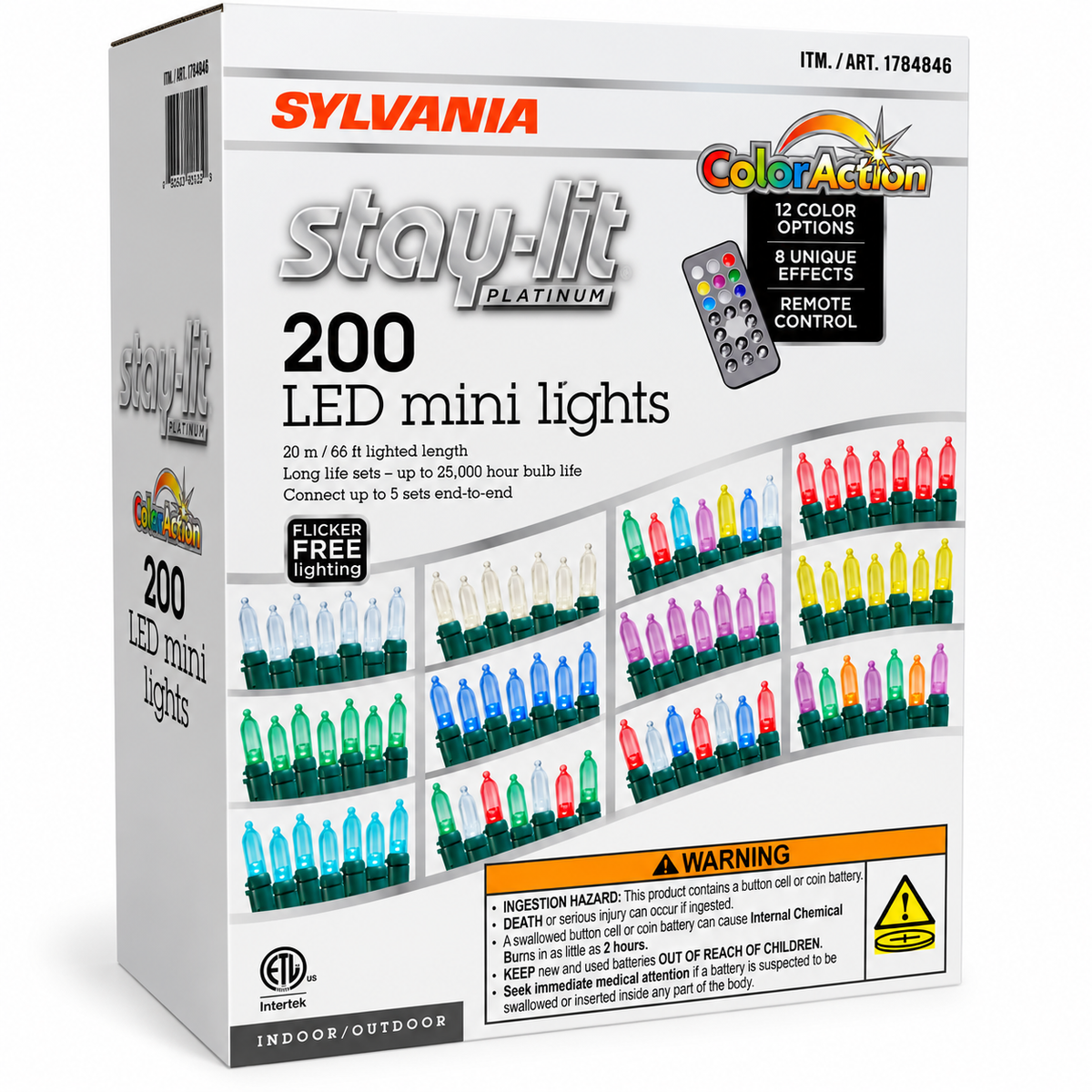 SYLVANIA Stay-Lit Platinum ColorAction 200 LED Mini String Lights, 12 Color Options, 8 Lighting Effects, Remote Control, Indoor/Outdoor, 66 ft
