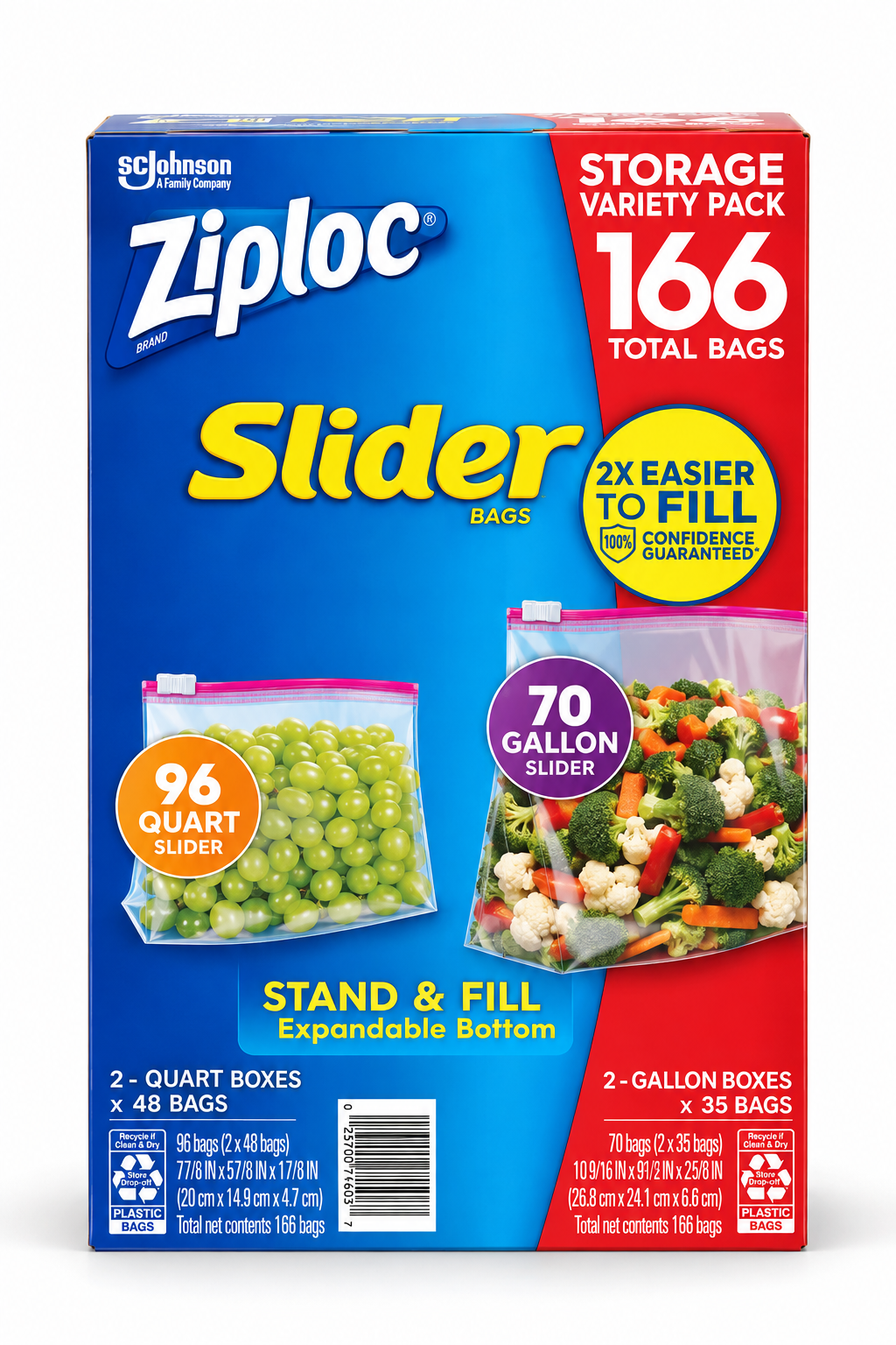 Ziploc Slider Storage Bags Variety Pack, Quart & Gallon, Expandable Bottom, 166 Count