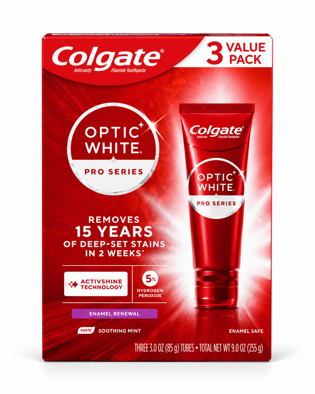 Colgate Optic White Pro Series Whitening Toothpaste, Enamel Renewal, Soothing Mint, 5% Hydrogen Peroxide, 3 oz, 3 Pack