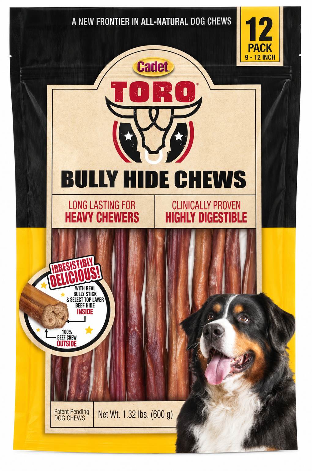 Cadet Toro Bully Hide Chews for Dogs, 9–12 Inch, Long Lasting Beef Hide Chews, 12 Pack, 1.32 lb