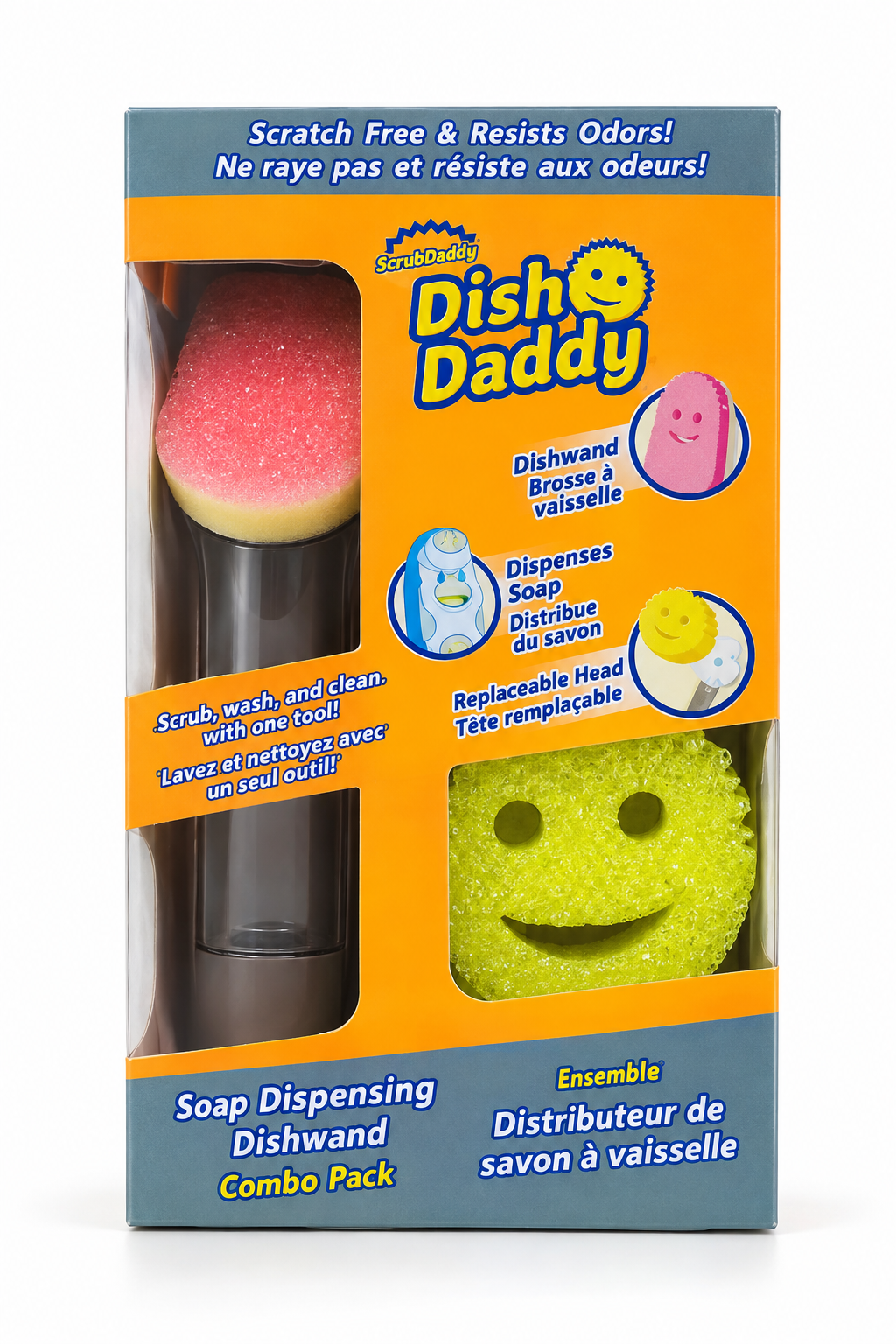 Dish Daddy Soap Dispensing Dishwand Combo Pack, Scratch-Free Scrubbing, Built-In Soap Dispenser, Reusable Dish Cleaning Brush & Scrubber Set