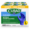 CURAD Durable Nitrile Exam Gloves, Large, Powder-Free, Chemical Resistant, Latex-Free, Disposable, Non-Sterile, 600 Count (3 Boxes of 200)