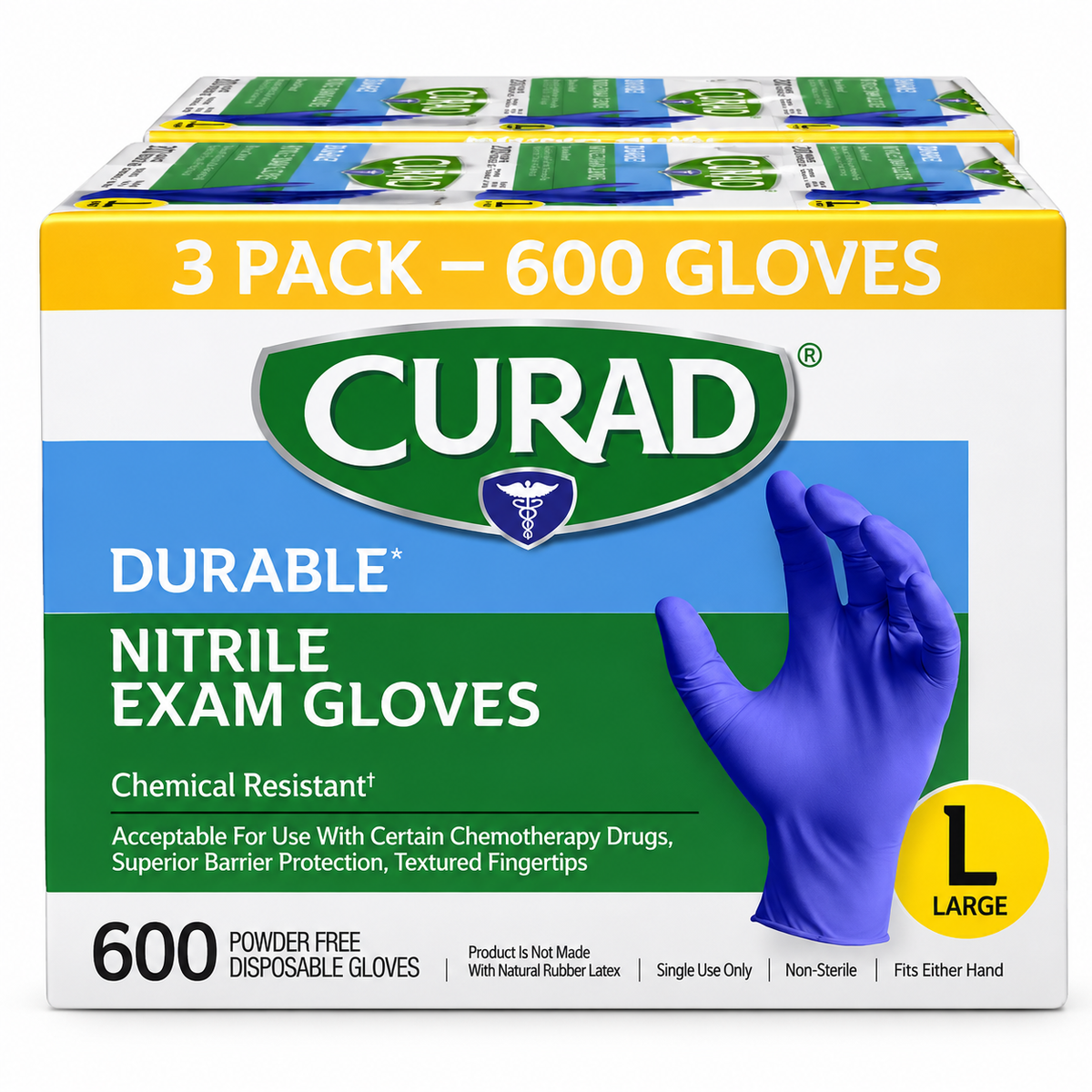 CURAD Durable Nitrile Exam Gloves, Large, Powder-Free, Chemical Resistant, Latex-Free, Disposable, Non-Sterile, 600 Count (3 Boxes of 200)