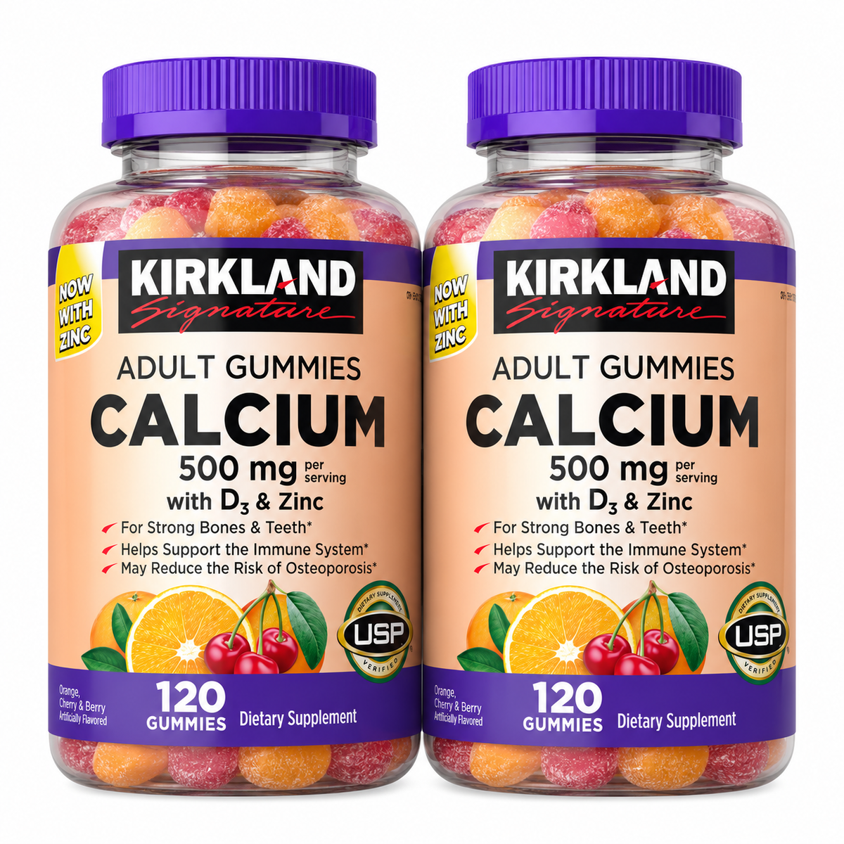 Kirkland Signature Calcium 500 mg with Vitamin D3 & Zinc, Adult Gummies, Bone & Teeth Support, 120 Gummies per Bottle, 2-Pack (240 Count)