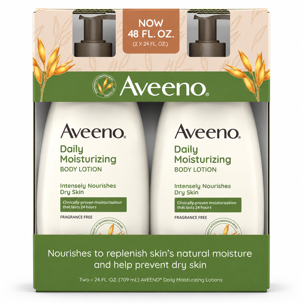 Aveeno Daily Moisturizing Body Lotion, Fragrance Free, 24 fl oz Each, 2 Pack, 48 fl oz Total