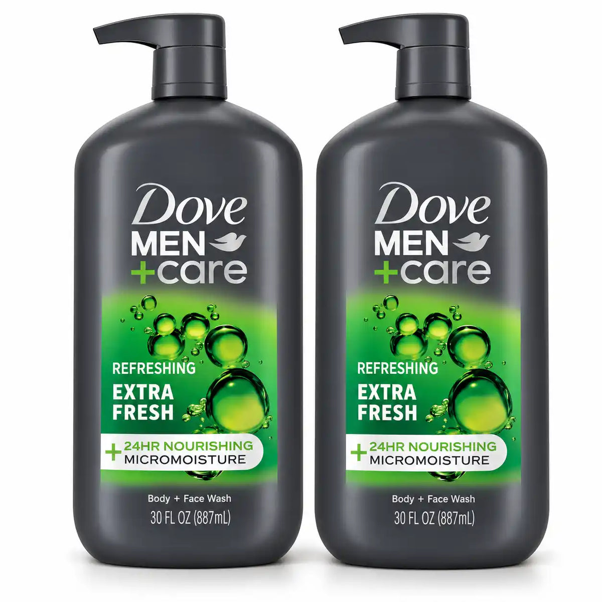 Dove Men+Care Extra Fresh Body & Face Wash, Sulfate-Free, 24HR Nourishing MicroMoisture, Refreshing Scent, 30 fl oz Each, 2-Pack (60 fl oz Total)