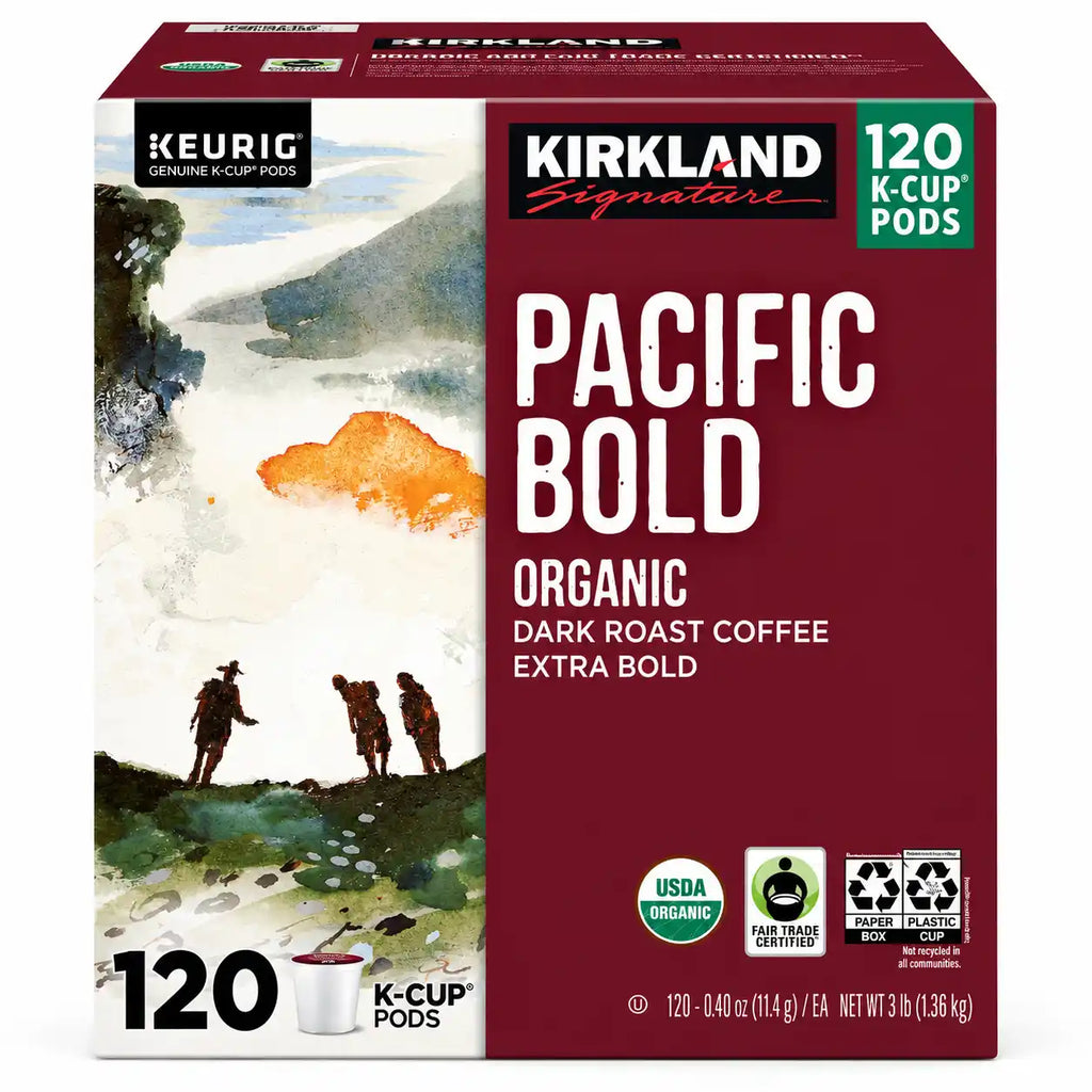 Kirkland Signature Pacific Bold Organic Dark Roast Coffee, Extra Bold, Fair Trade Certified, Keurig K-Cup Pods, 120 Count