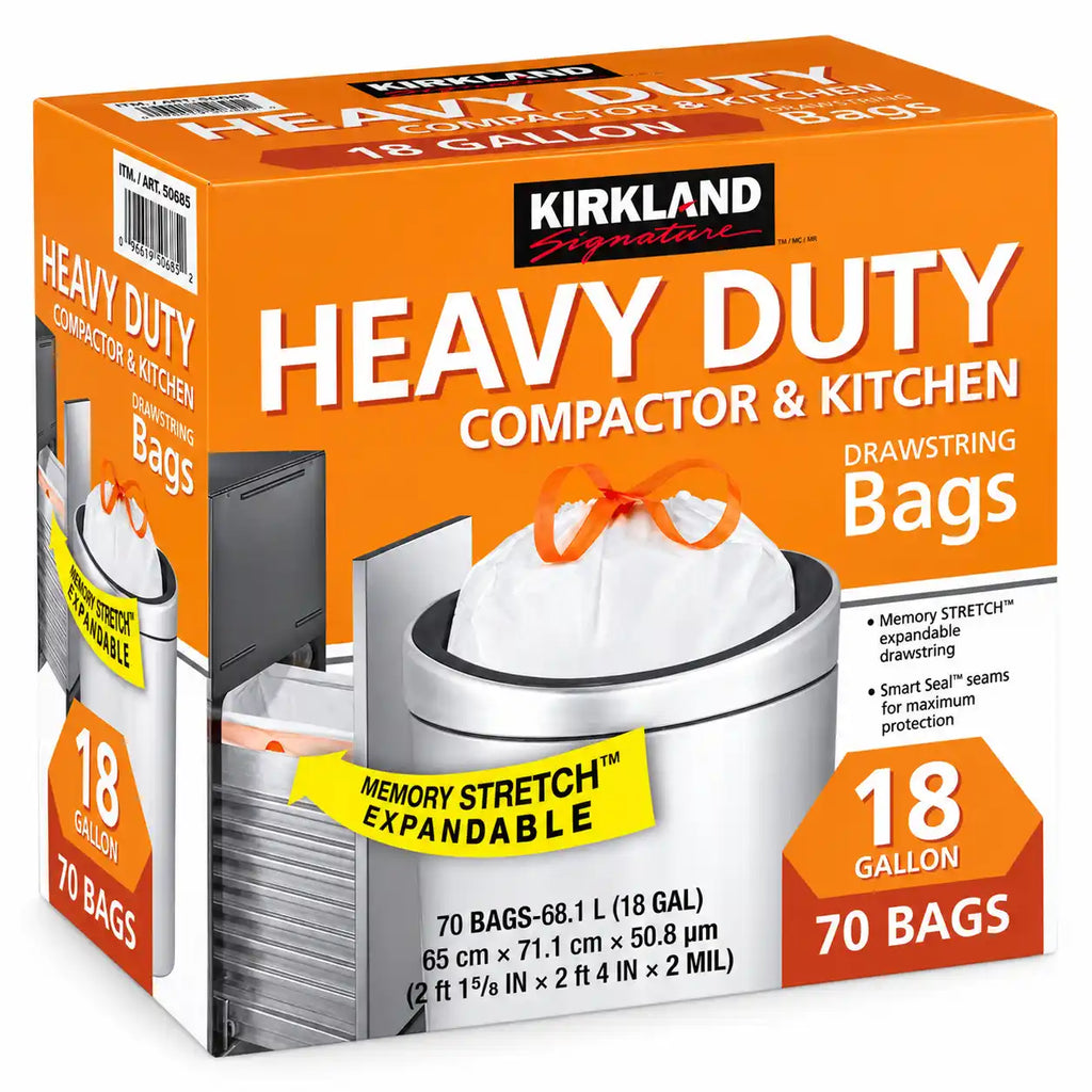 Kirkland Signature Heavy Duty Compactor & Kitchen Trash Bags, 18 Gallon, 70 Count, Drawstring, Memory Stretch Expandable, White