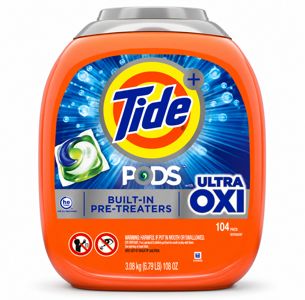 Tide PODS + Ultra OXI Laundry Detergent Pacs, Built-In Pre-Treaters, HE Compatible, 104 Count, 108 oz