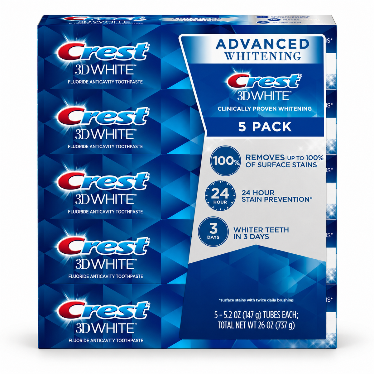 Crest 3D White Advanced Whitening Fluoride Anticavity Toothpaste, 5.2 oz Tubes, 5 Pack, 26 oz Total