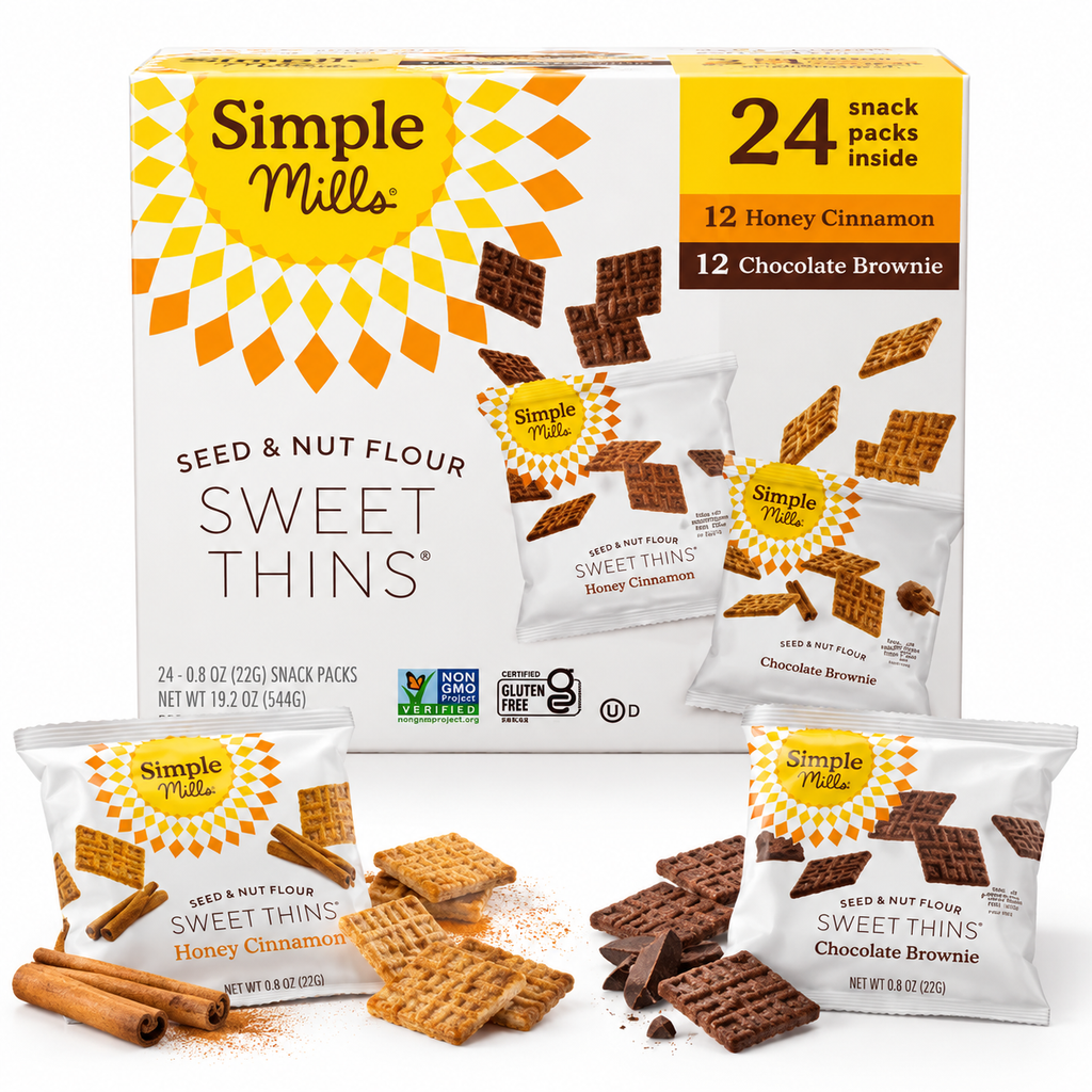 Simple Mills Seed & Nut Flour Sweet Thins Variety Pack, Honey Cinnamon & Chocolate Brownie, Gluten-Free Sweet Snack Crackers, 24 Individual Packs, 19.2 oz