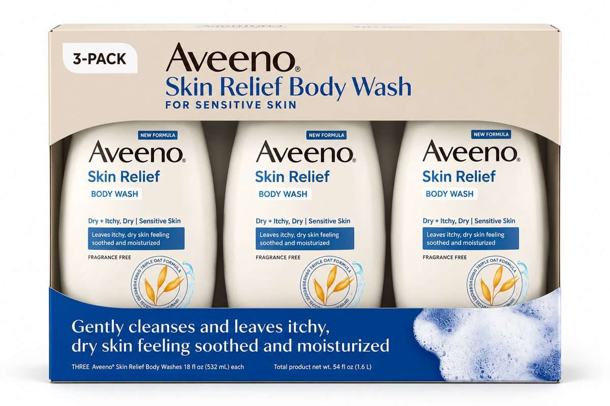 Aveeno Skin Relief Body Wash for Sensitive Skin, Soothing Triple Oat Formula, Fragrance-Free, 18 fl oz Each, 3-Pack (54 fl oz Total)