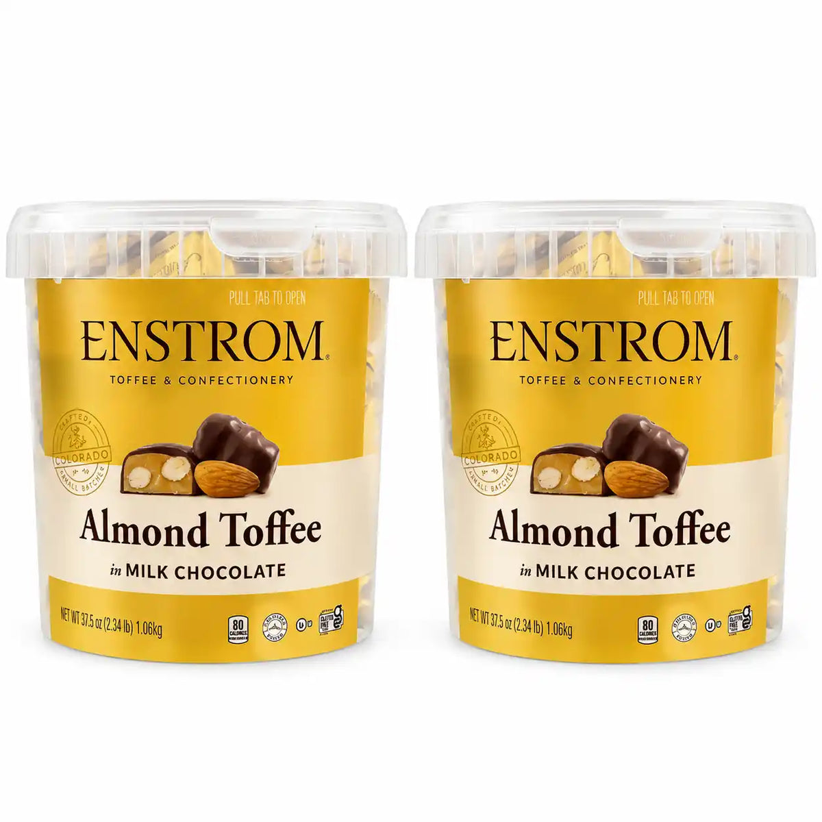 Enstrom Almond Toffee in Milk Chocolate, 37.5 oz Each, Premium Chocolate-Covered Almond Toffee, Crunchy Butter Toffee with Roasted Almonds, Gourmet Candy Gift Tubs, 2-Pack (75 oz Total)