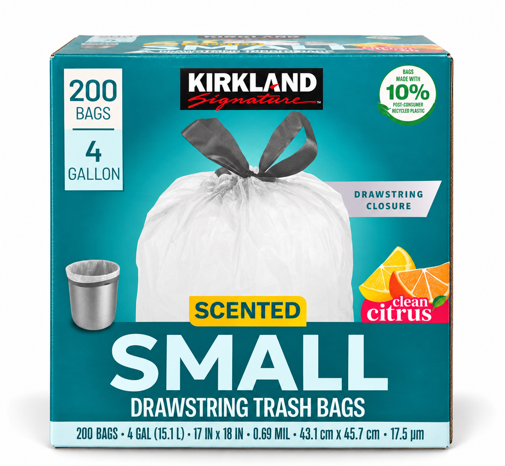 Kirkland Signature Scented Small Drawstring Trash Bags, 4 Gallon, Clean Citrus, 200 Count