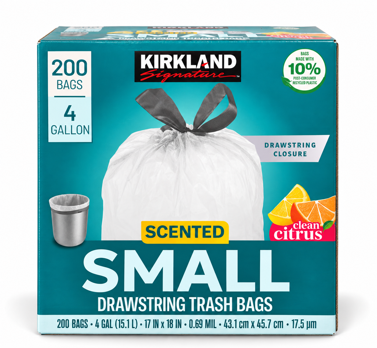 Kirkland Signature Scented Small Drawstring Trash Bags, 4 Gallon, Clean Citrus, 200 Count